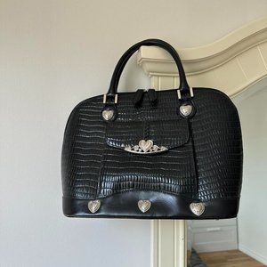 1990s Vintage M.C. Leather Croc Handbag with Silver Heart Accents